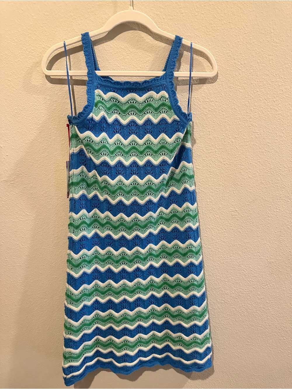 Blue, Green & White Crochet Wave Slip Dress - Picture 2 of 5